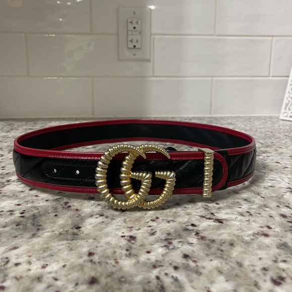Gucci Accessories - Gucci Woman's Black Quilted Leather Red Border GG Torchon Buckle Belt